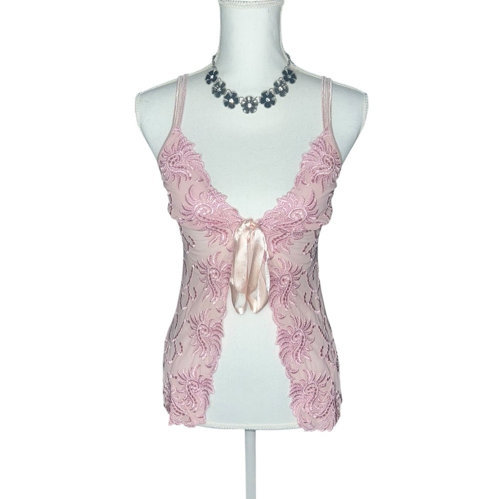 Pink Lace Chemise with Spaghetti Straps and V-Neckline